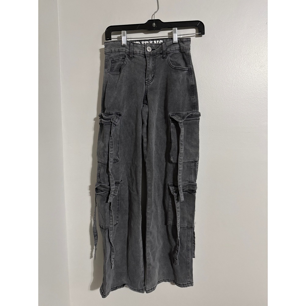 VIP Jeans Women Gray Cargo Pants Wide Leg Strap Detail Acid Wash Size 00